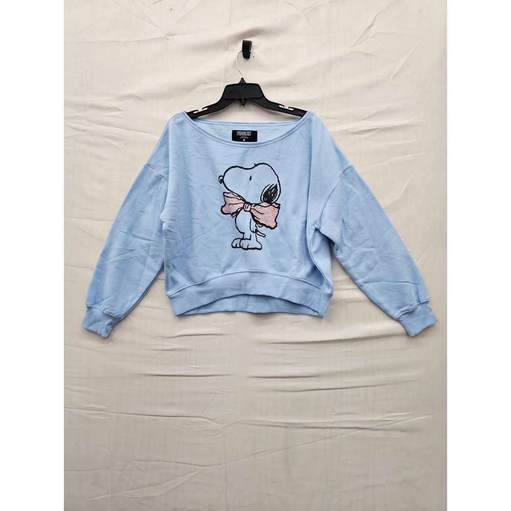 Peanuts Snoopy Light Blue Off Shoulder Graphic Sweatshirt Pink Glitter Bow M